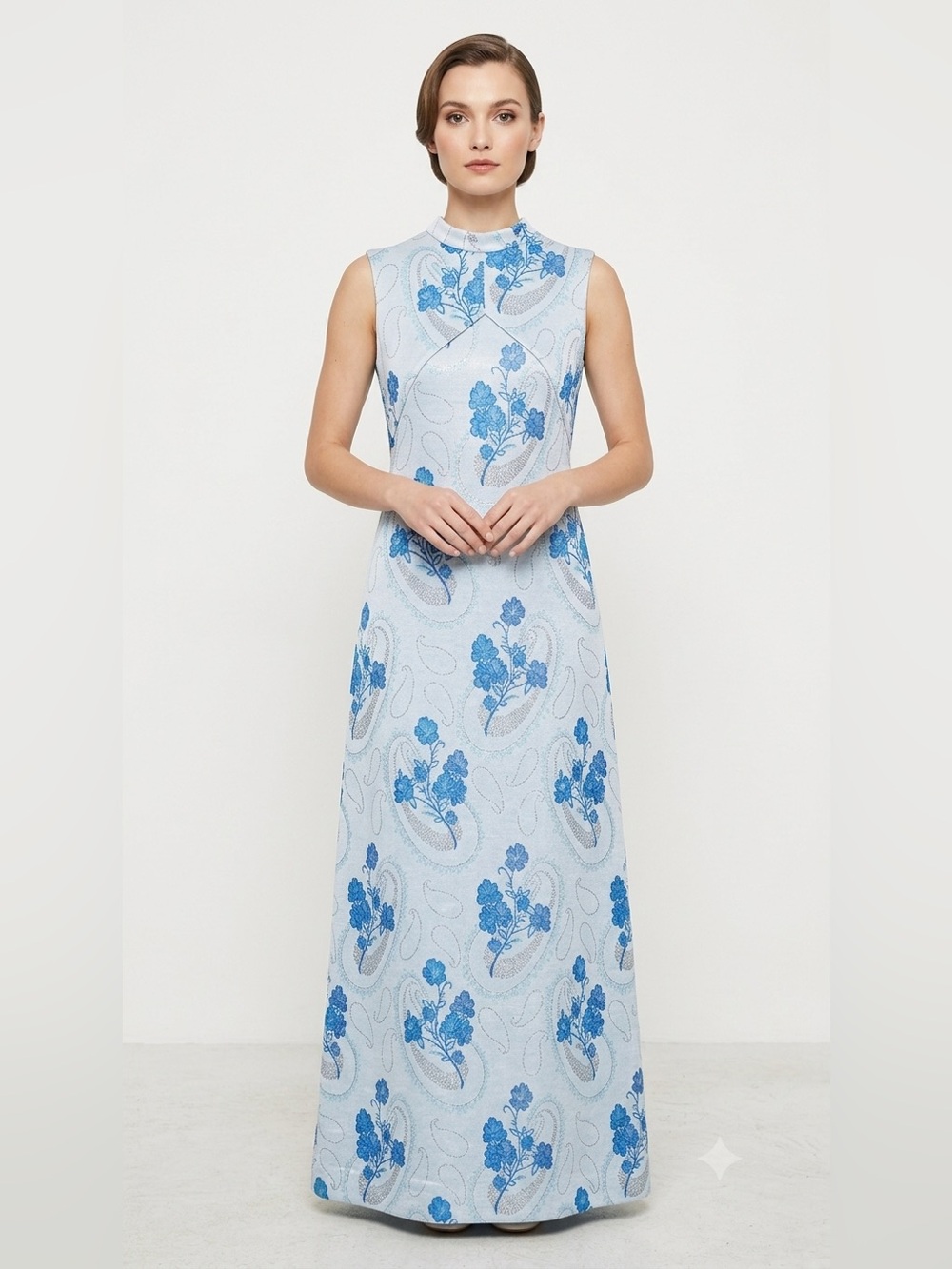 Vintage Lady Spi-Bor Blue Floral Metallic Knit Maxi Dress